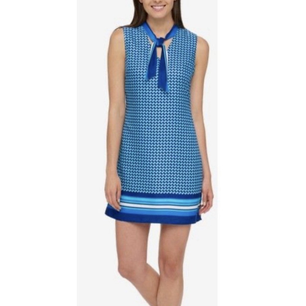 Tommy Hilfiger Shift Dress 2 Blue White Silky Tie Neck Washable Sleeveless NEW